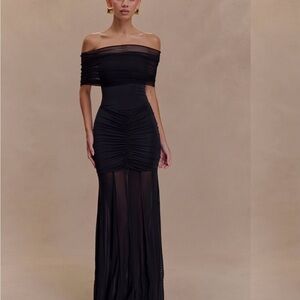 Meshki Black One-Shoulder Ruched Mesh Evening Gown